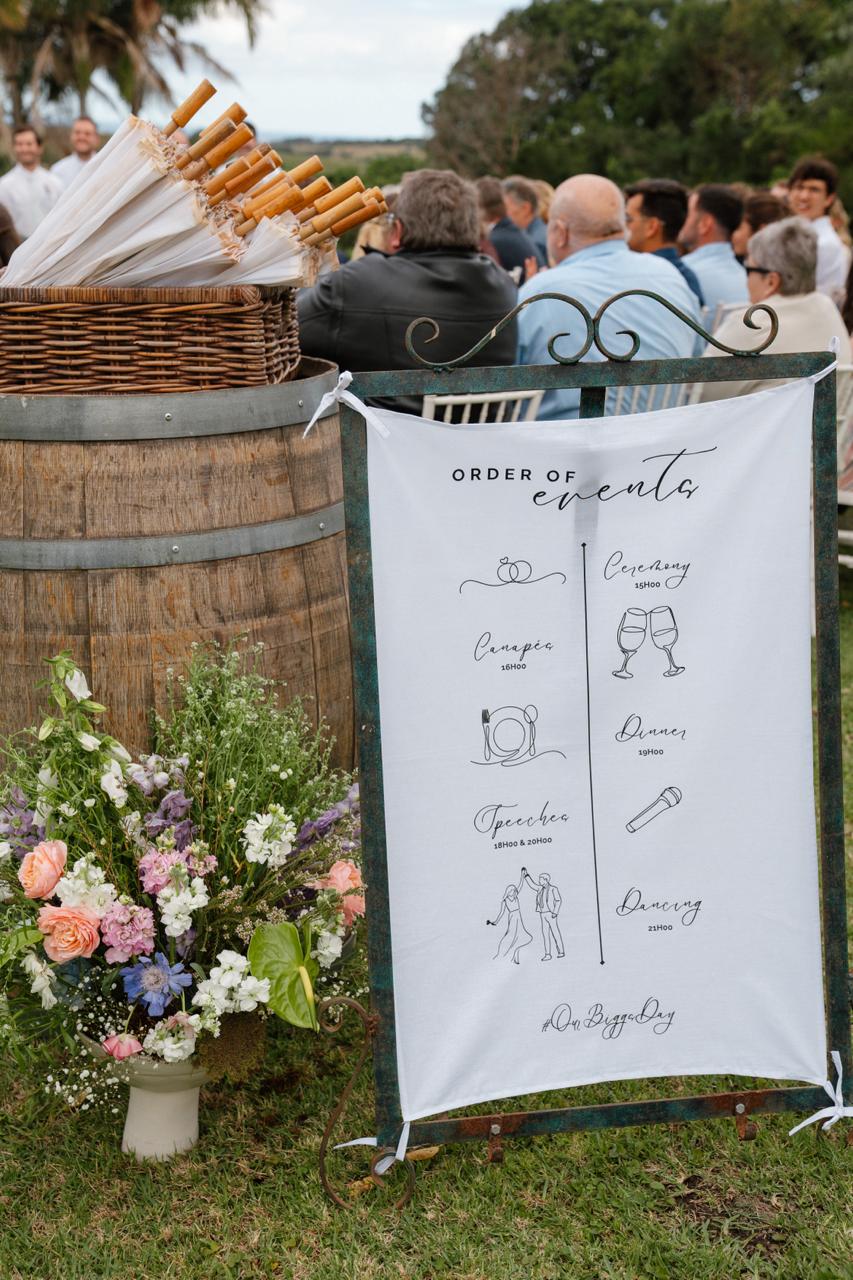 Fabric wedding order of events sign